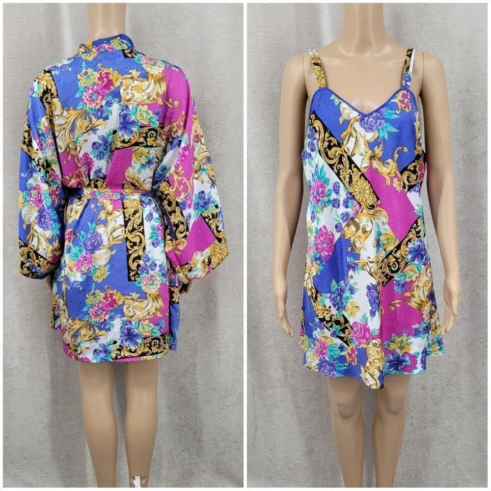 Vintage Satin Floral and Baroque Print Chemsie Slip Dress and Matching Robe Set